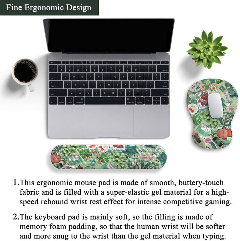 Mechanical Cattle Mint Green Keyboard Wrist Rest Support Mouse Pad&Keyboard Set, Cute Green Ergonomic Mousepad Non-Slip Base Desk/Office Pain Relief&Easy Typing Pad with Neoprene Cloth&Raised Curved Memory Foam - Image 4